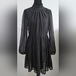 Trixxi Black Swiss Dot Sheer Long Sleeve Mock Neck Babydoll Dress Size L